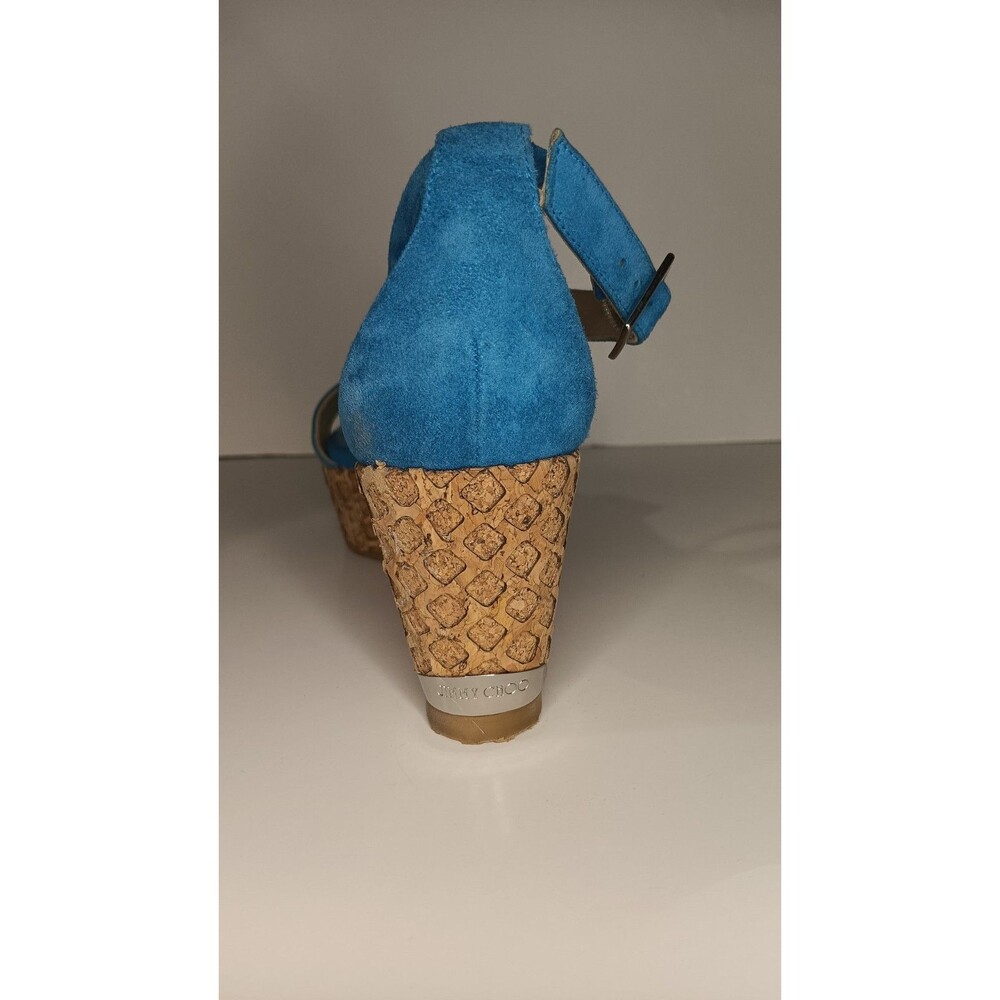 Jimmy Choo Wedge Sandals Blue Suede Cork Espadrilles Made in Spain Size 38 - Picture 9 of 16